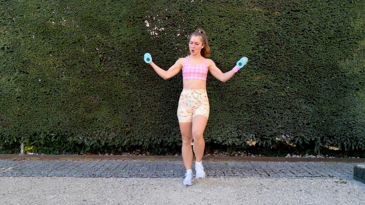 Luminita leading a 30-minute walking-cardio workout